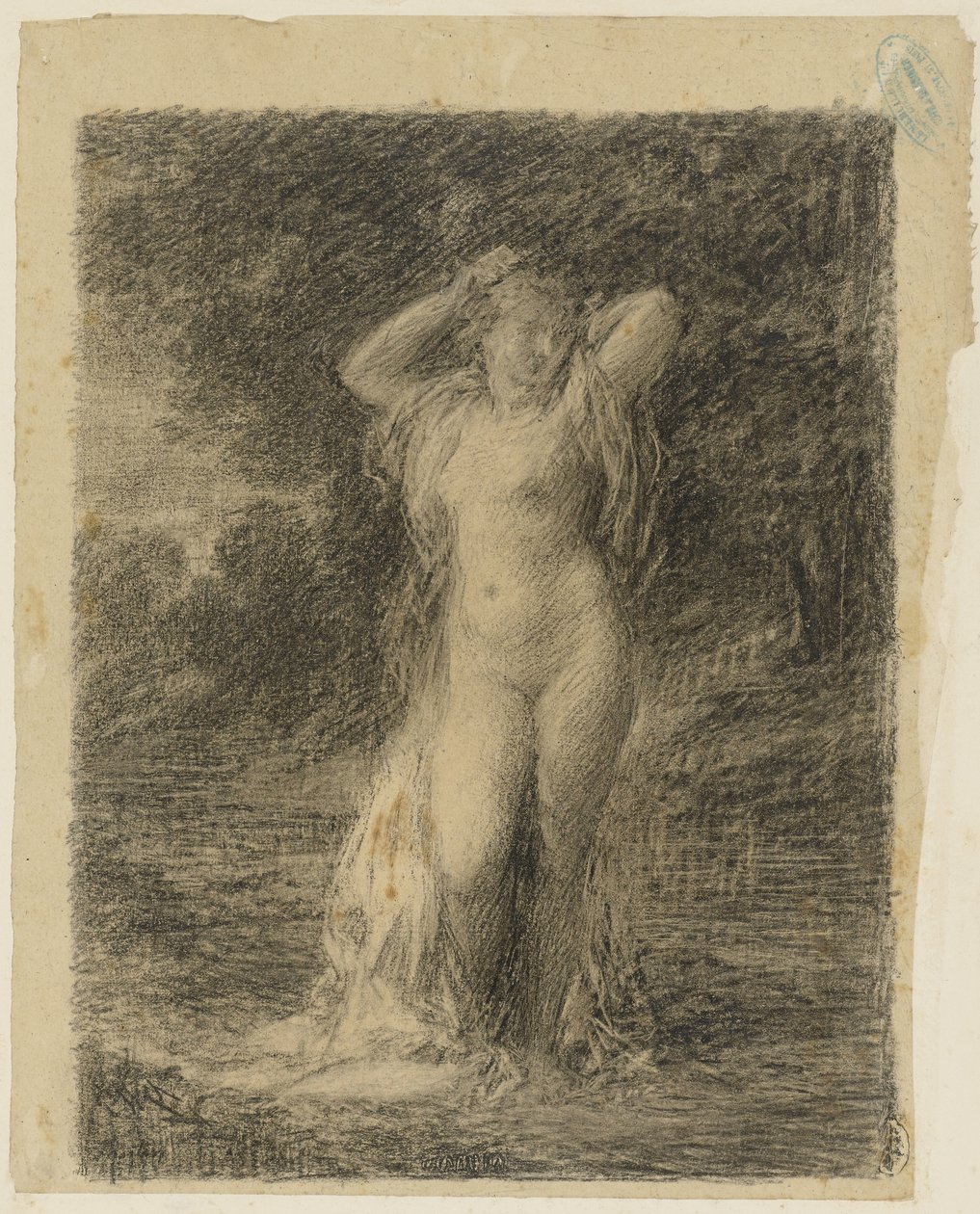 Stående nøgen kvinde i et skovlandskab med vand af Ignace Henri Jean Fantin Latour