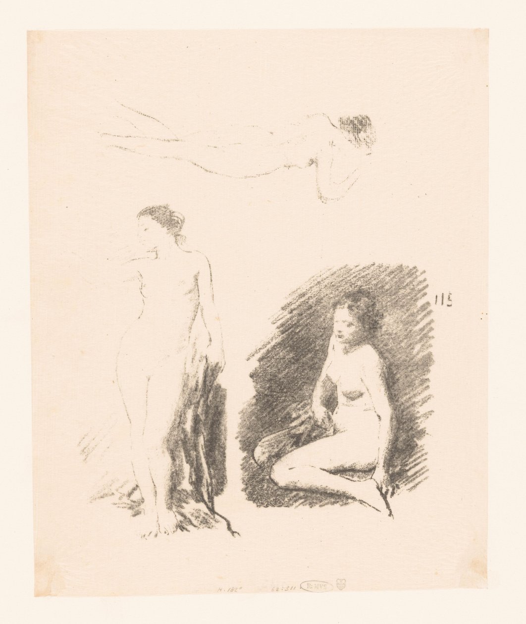 Studieark med tre nøgne kvinder af Ignace Henri Jean Fantin Latour