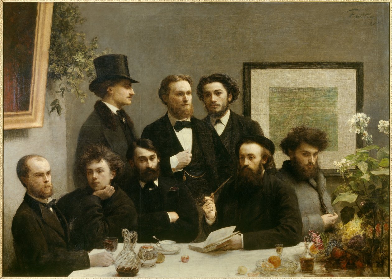 Bordhjørne Repræsentation af et møde mellem, fra venstre mod højre, Paul Verlaine, Arthur Rimbaud, Elzear Bonnier, Leon Valade, Emile Blemont, Jean Aicart, Ernest d