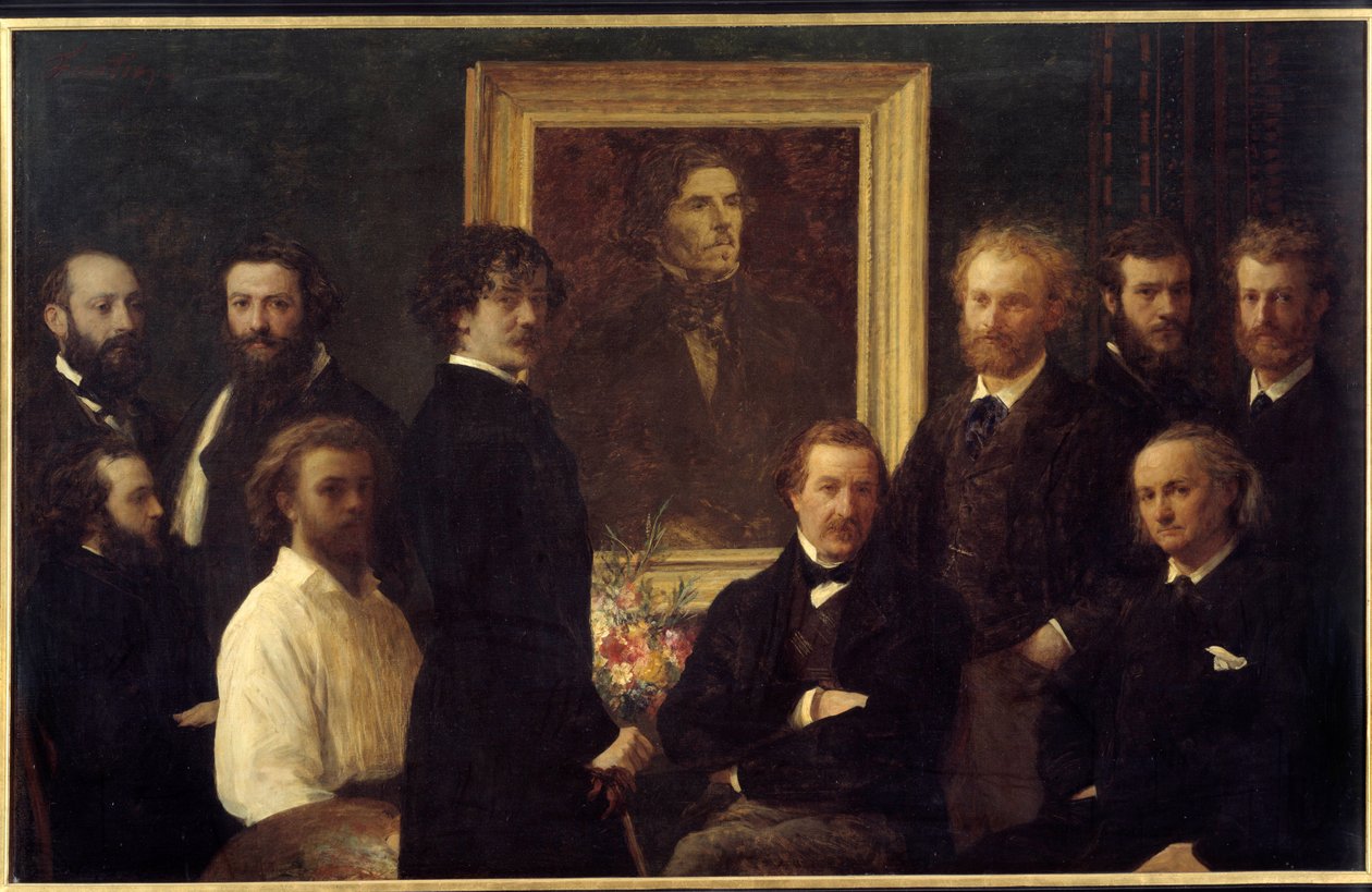 Hyldest til Eugene Delacroix. De repræsenterede personer er Louis Edmond Duranty (bogstavernes mand), James Abbott Mac Neill Whistler (maler), Champfleury, Jules Husson (bogstavernes mand), Edouard Manet, Charles Baudelaire, Louis Cordier, Alphonse Legros  af Ignace Henri Jean Fantin Latour