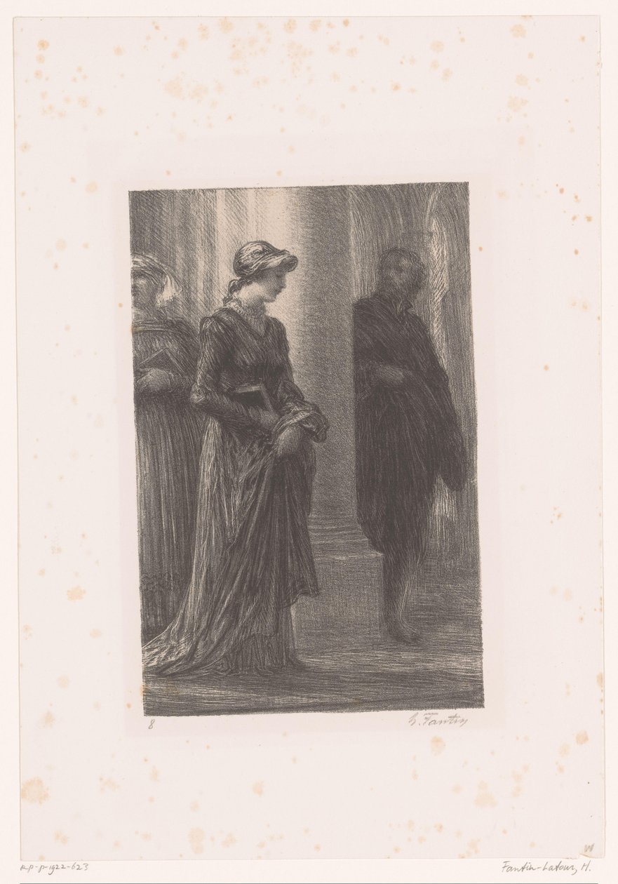 Walther von Stolzing bemærker Eva Pogner i kirken Mestersangerne i Nürnberg. Akt I. Rencontre de Walther et d