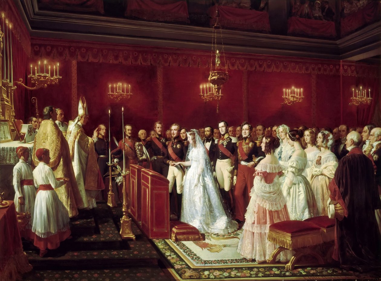 Ægteskab mellem prinsesse Victoria af Sachsen-Coburg og prins Louis, hertug af Nemours i Saint-Cloud, 27. apr. af Henri Felix Emmanuel Philippoteaux