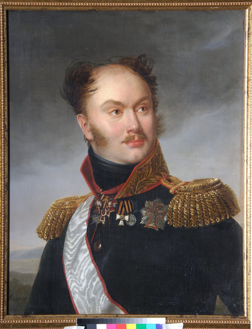 Portræt af grev Mikhail (Michael) Fyodorovich Orlov (1788-1842). Decembrist (eller Decembrist) er repræsenteret med sine militære og æresdekorationer. Maleri af Henri Francois Riesener (1767-1828), olie på lærred, ca. 1818. Fransk kunst af Henri Francois Riesener