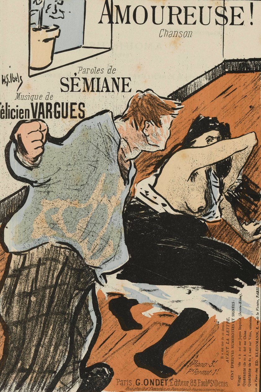 Cover af partituret til Amoureuse! af Felicien Vargues, af Ibels, Henri Gabriel (1867-1936). Farvelitografi af Henri Gabriel Ibels