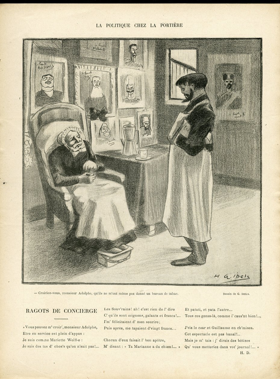 Illustration af H. G. Ibels (1867-1936) i Le Rire, 08/01/10 - Politik i Portiere - Udenlandske suverænere, Identifikator - Loubet Emile af Henri Gabriel Ibels