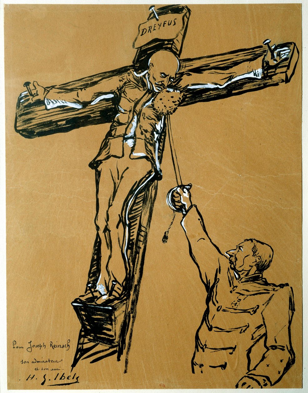 Satire over Dreyfus-affæren: "" Kaptajn Dreyfus og general Mercier (1833-1921): krigsministeren, der dømte Dreyfus, i stedet for den romerske soldat, rækker en svamp til kaptajn Dreyfus korsfæstes, så han tørrer sit ansigt" ” Kinesisk blæk og gouac af Henri Gabriel Ibels