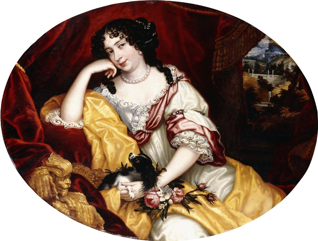 Portræt af en dame, siddende i trekvart længde, med sin hund foran et åbent vindue, et italiensk landskab hinsides, af Henri Gascar