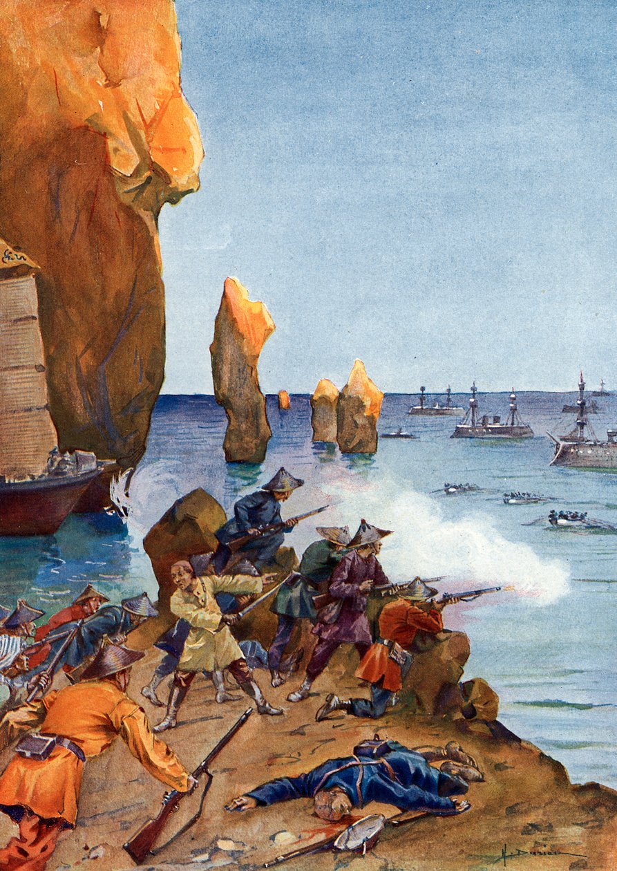 Kolonisering af Tonkin: "" Den franske admiral Amedee Courbet leder sin flåde i Along Bay (Ha Long) i august 1883, Vietnam" (Tonkin Campaign: Admiral Amedee Courbet i Along Bay i juli - august 1883 med betydelige flådeforstærkninger yderligere st. af Henri Gaston Darien