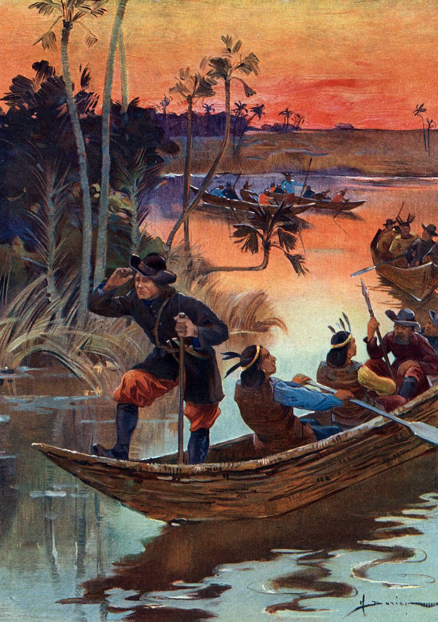 Rene Robert Cavelier de La Salle (1643-1687), fransk opdagelsesrejsende og hans ledsagere på vej ned ad Mississippi-floden til Frankrig af Henri Gaston Darien