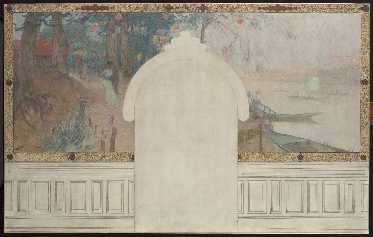 Skitse til rådhuset i Asnières: Forår. Seinen ved Asnières, ca. 1900 (olie på blæk på lærred) af Henri Gaston Darien