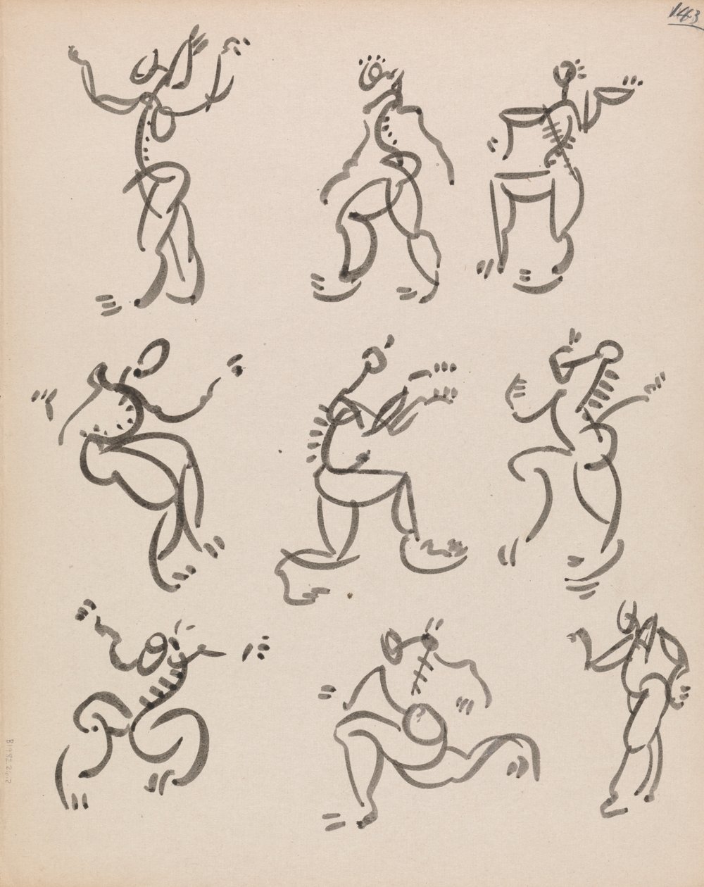 Ni dansende figurer i tre registre af Henri Gaudier Brzeska