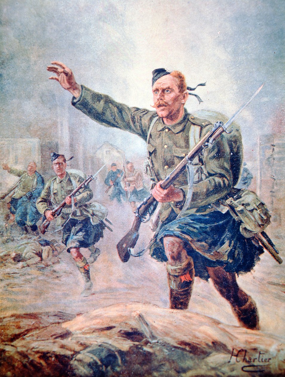 Skotske highlander iført kilt i kamp på Vestfronten (farvelitografi) af Henri Georges Jacques (after) Chartier