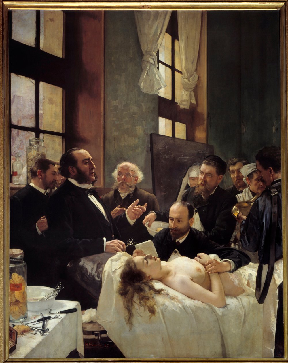 Dr. Jules Emile (Jules-Emile) Pean (1830-1898) underviser på Saint Louis hospital i sin opdagelse af, at skibe klemmes eller "" Før operationen"" Maleri af Henri Gervex (1852-1929) 1887 Søn. 2,42x1,88 m Paris, musee d
