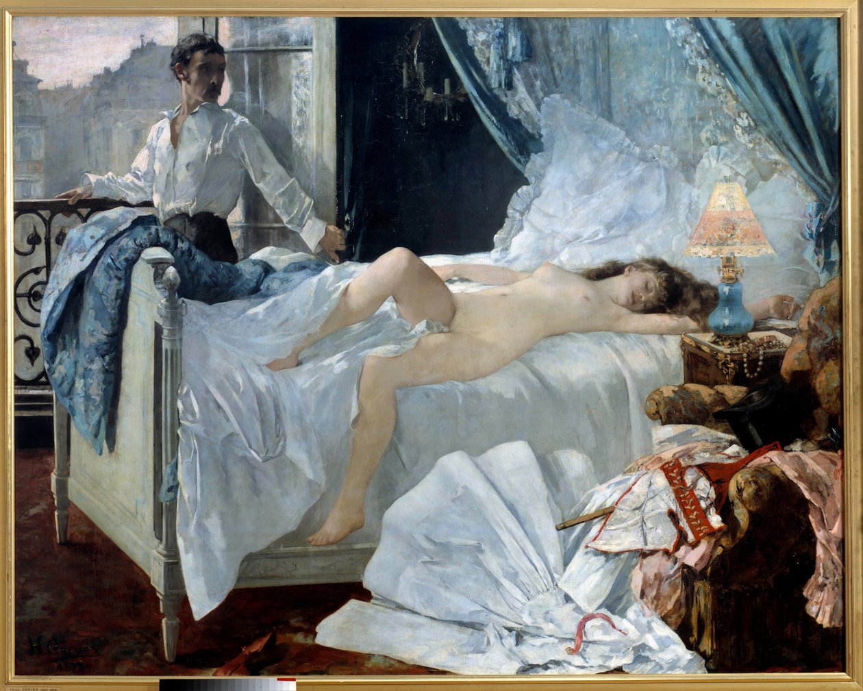 Rolla. Et par i et soveværelse, kvinden sover nøgen, og manden kigger på hende ved vinduet. Maleri af Henri Gervex (1852 - 1929). 1878. Dim. 1,75 x 2,20 m Musee des Beaux Arts de Bordeaux - Rolla. Et par i et soveværelse, kvinden sover og na af Henri Gervex