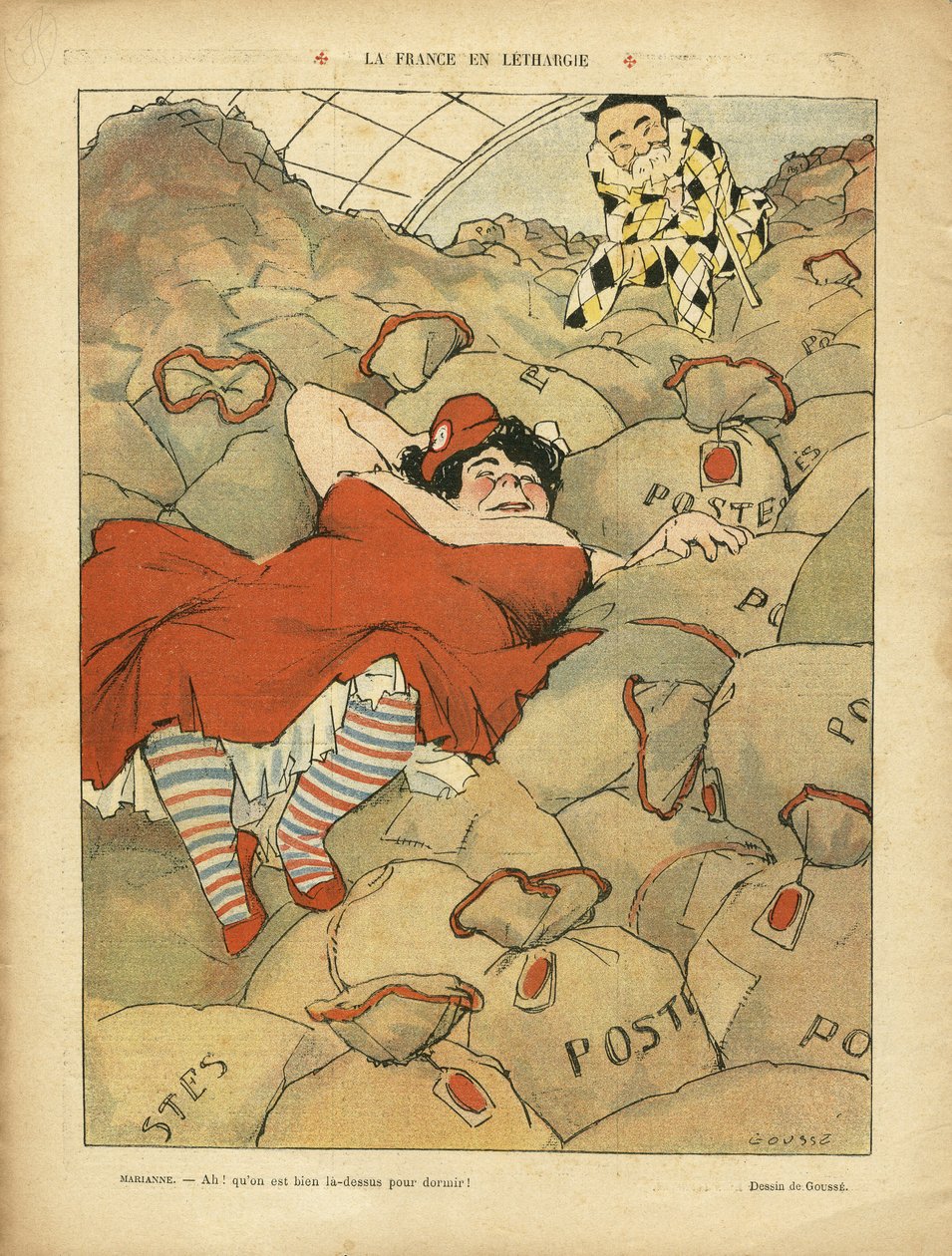 Illustration af Henri Gousse (1872-1914) i Le Rire, 03/04/09 - La France en Lethargie - Social, Greve, Mail Postal - Clemenceau George, Marianne af Henri Gousse
