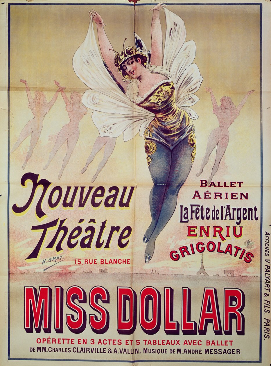 Plakat, der reklamerer for Balletten Aerien La Fete de lArgent og operetten, Miss Dollar, produceret på Nouveau Theatre, rue Blanche, Paris, 1893 af Henri Gray
