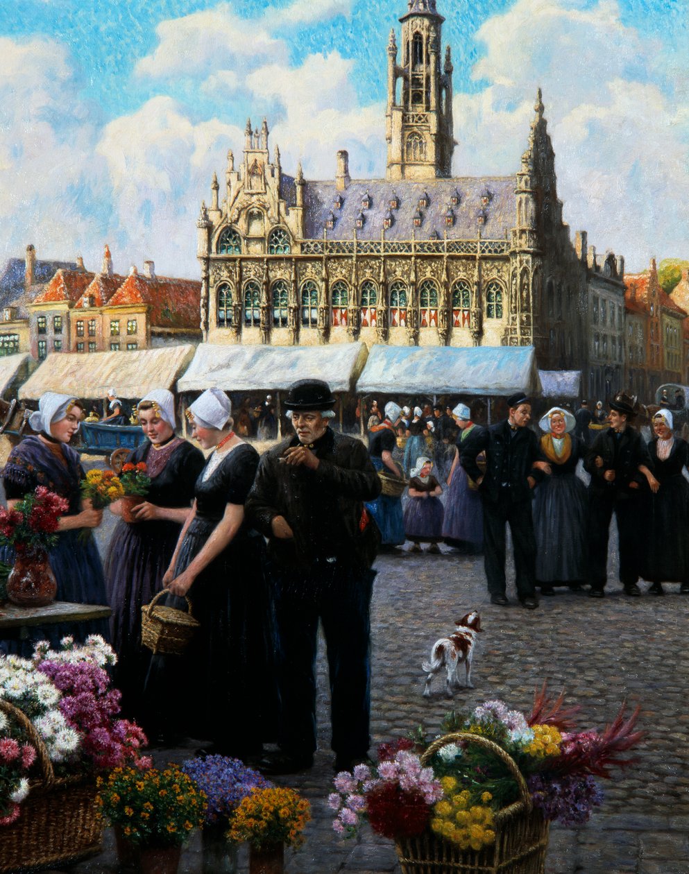 Blomstermarkedet i Middelburg (olie på lærred) af Henri Houben
