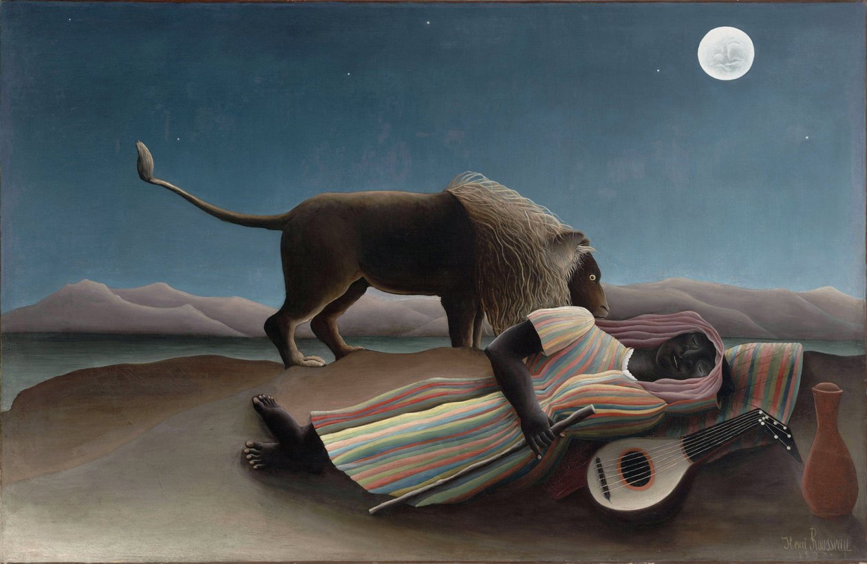 ""Den sovende sigøjner"" Maleri af Henry Rousseau kendt som Douanier Rousseau (1844-1910) 1897 Dim. 129,5x200,7 cm New York, Museum of Modern Art af Henri J.F. Rousseau