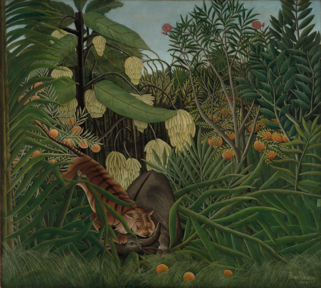 Kamp mellem en tiger og en bøffel, 1908 af Henri J.F. Rousseau