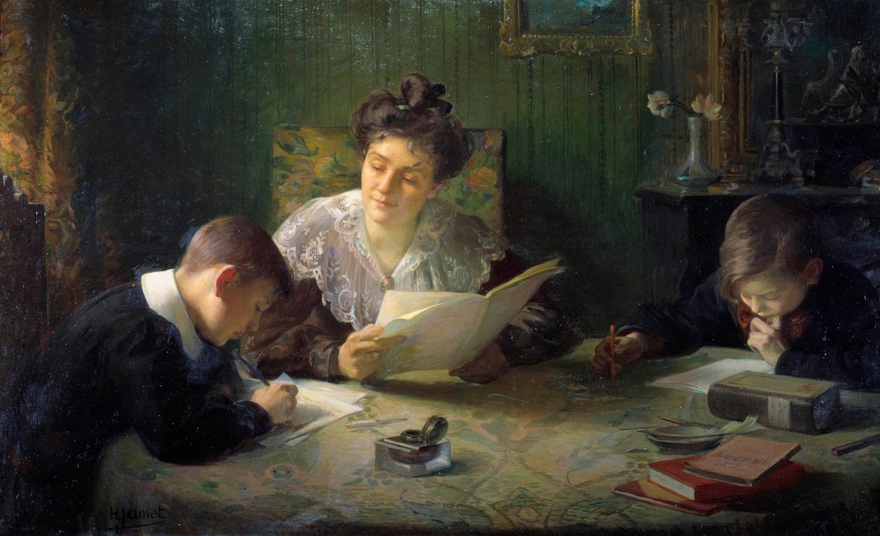Lektier En mor hjælper børn med at lave deres lektier. Maleri af Henri Jamet (1858-1940) Orleans fra det 20. århundrede, Musee des Beaux Arts af Henri Jamet
