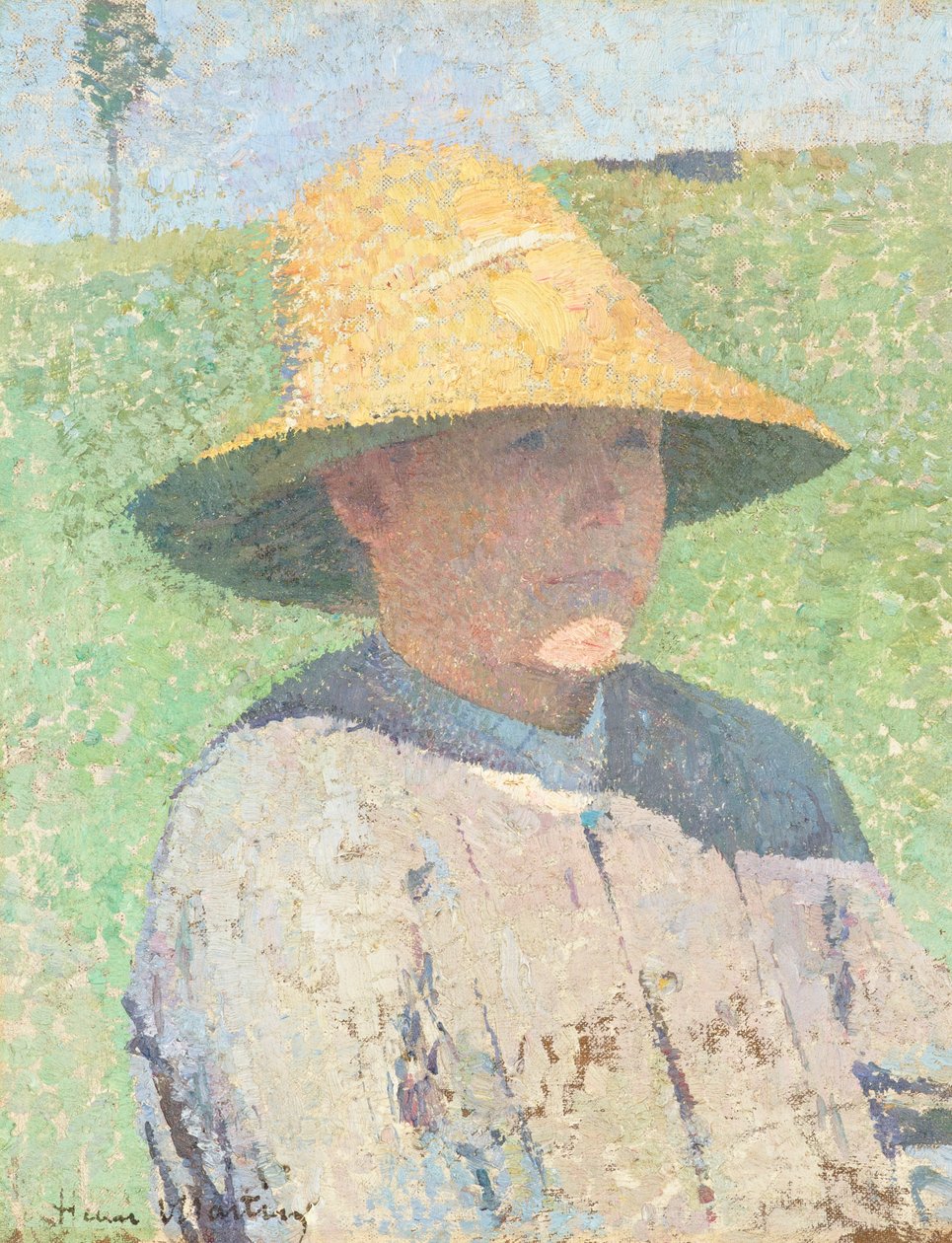Portræt af en ung dreng med stråhat 1890 (olie på lærred) af Henri Jean Guillaume Martin
