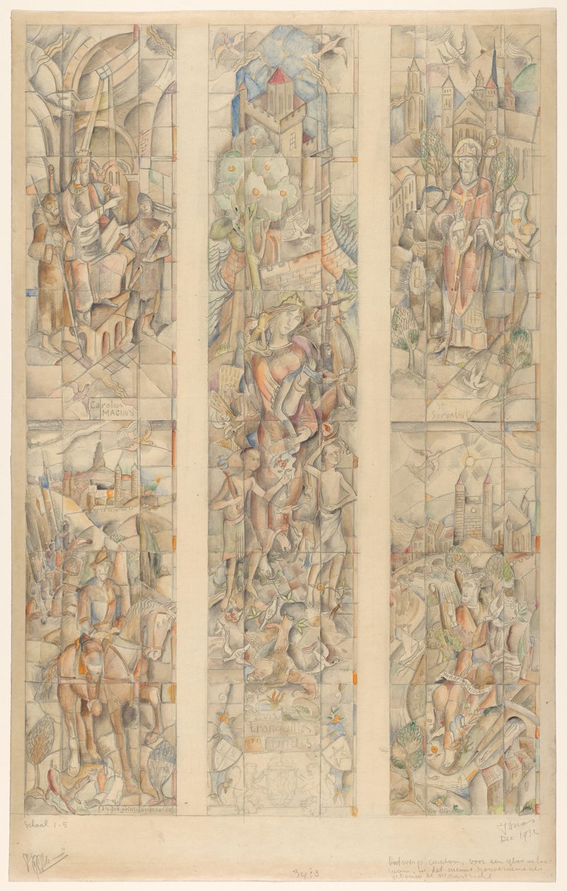 Designkarton til et farvet glasvindue i den nye regeringsbygning i Maastricht (original titel på objektet) af Henri Jonas (signed by artist)