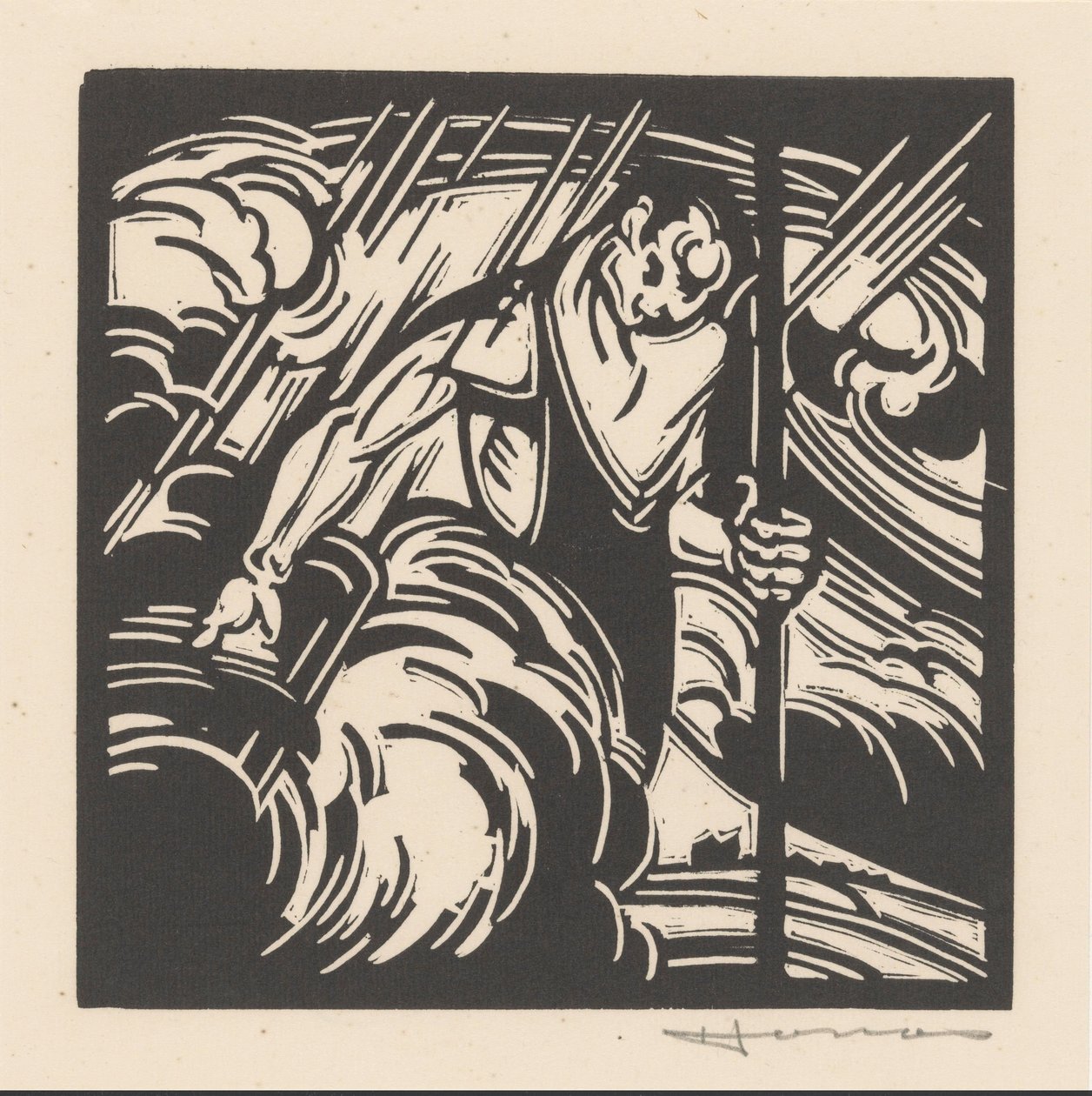 Personificering af stormen over et landskab af Henri Jonas (signed by artist)
