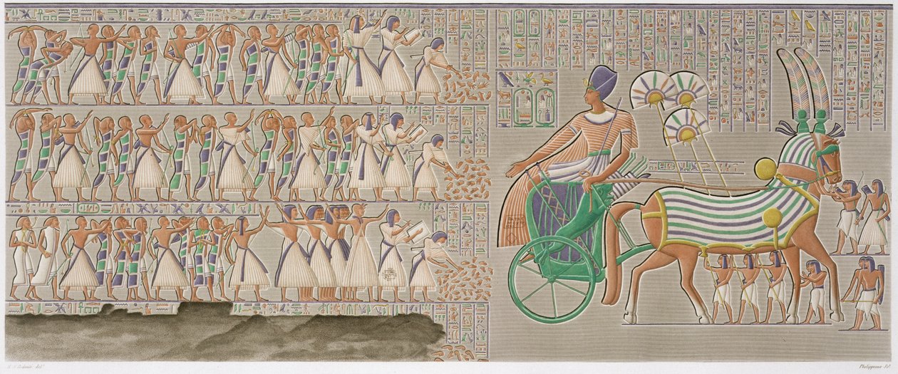 Farvede basisrelieffer fra det sydlige galleri af paladsets peristyl, plade 12 fra bind II af `Descriptions of Egypt`, indgraveret af Antoine Phelippeaux (f.1767) 1822 (akvatint) af Henri Joseph (after) Redoute