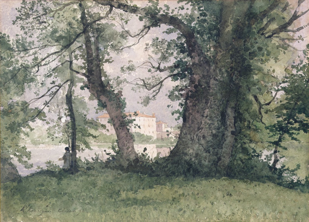 A Fisherman on a Riverbank, 1894 (wc på papir) af Henri Joseph Harpignies