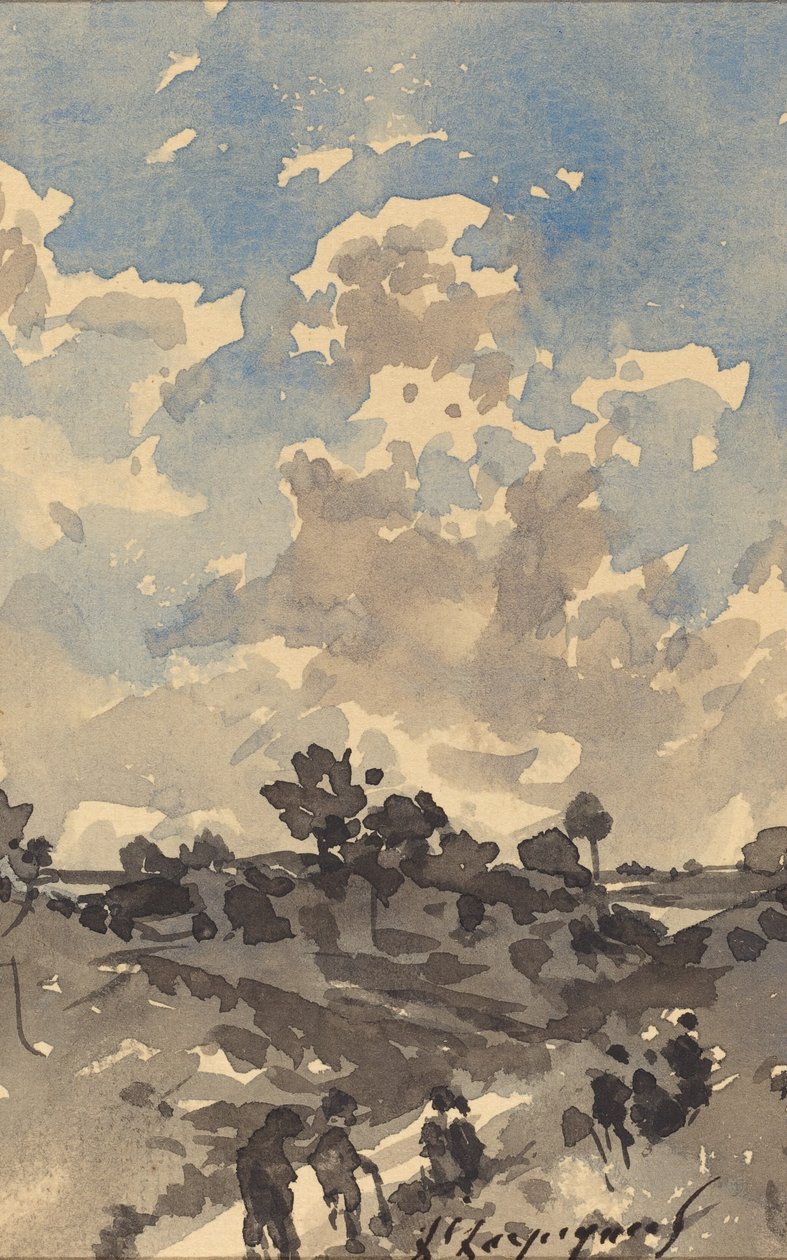 Et landskab med figurer, der går langs en sti af Henri Joseph Harpignies