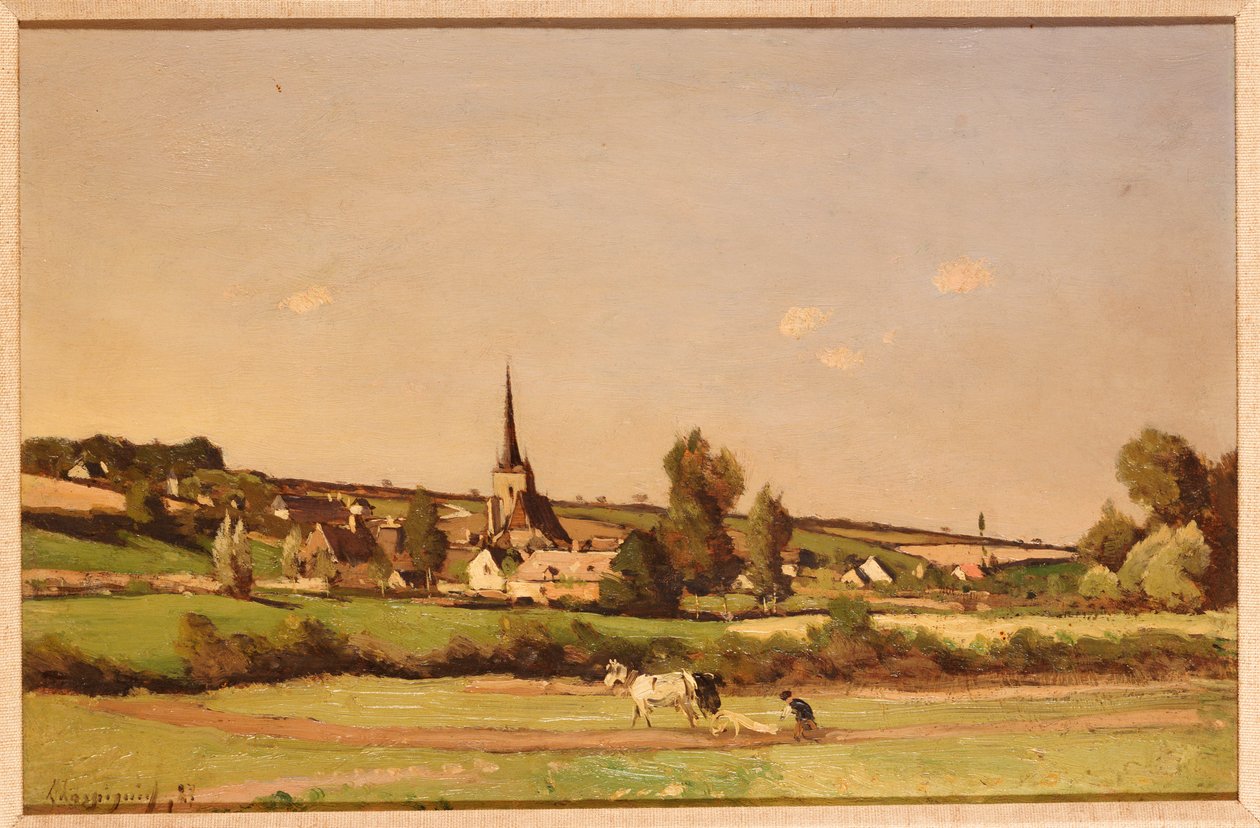 Et omfattende landskab med en plovmand og en landsby udenfor af Henri Joseph Harpignies