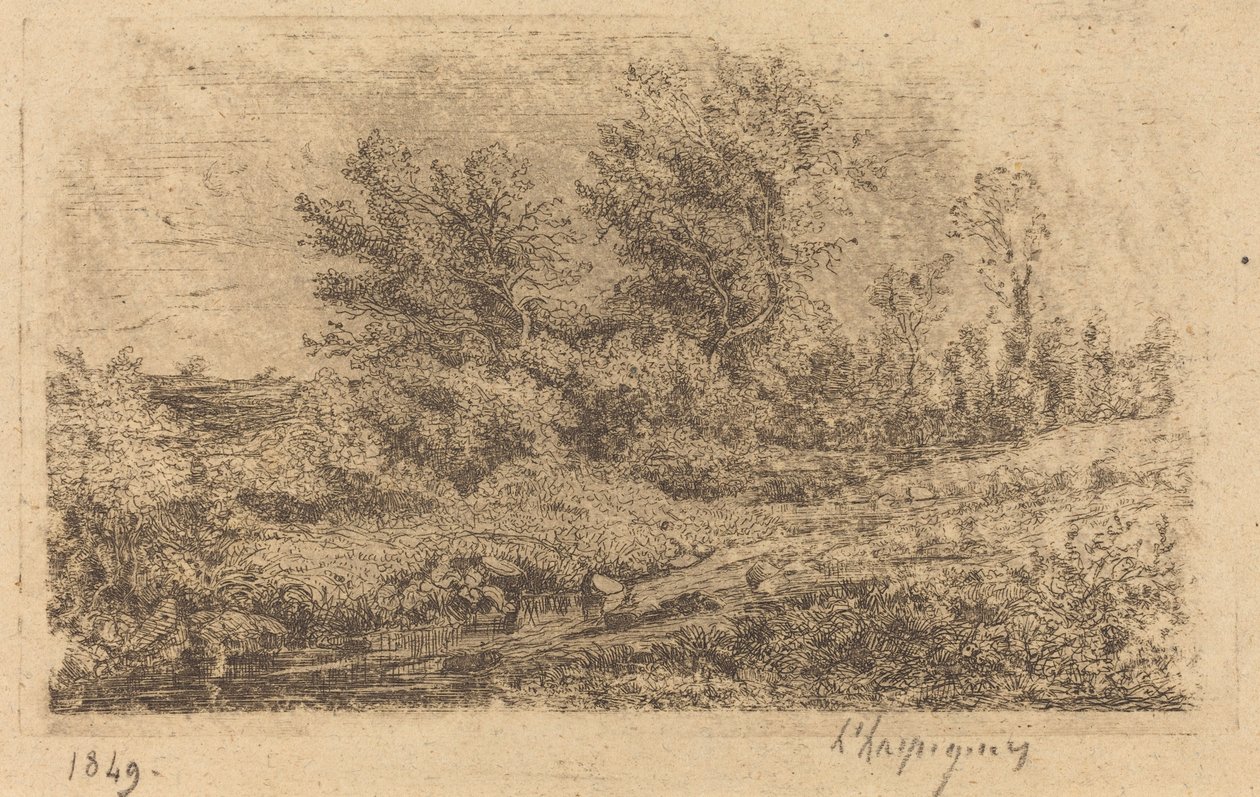 Bevoksning af træer på en flod af Henri Joseph Harpignies