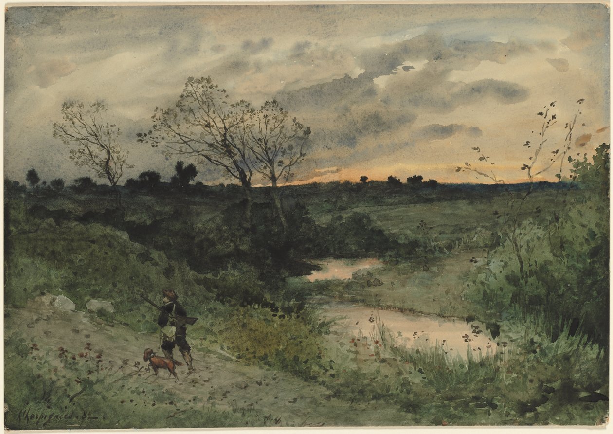 Dawn - Jæger med hund af Henri Joseph Harpignies
