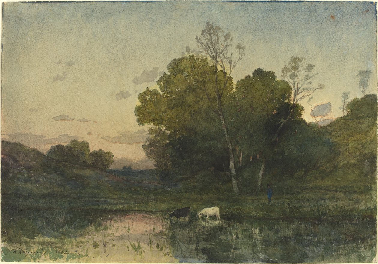 Aftenlys på en skovklædt søside med kvægdrikning af Henri Joseph Harpignies