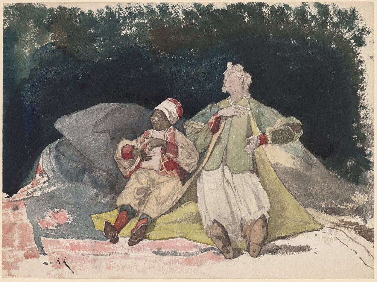To dukker eller dukker, der sidder på puder af Henri Joseph Harpignies