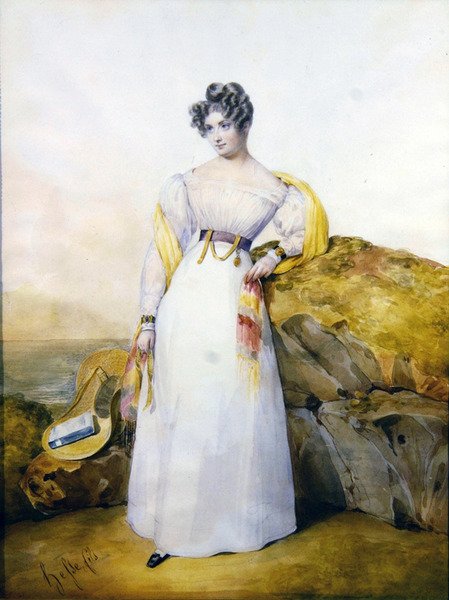 Portræt af en dame i et landskab (akvarel og gouache på vellum) af Henri Joseph Hesse