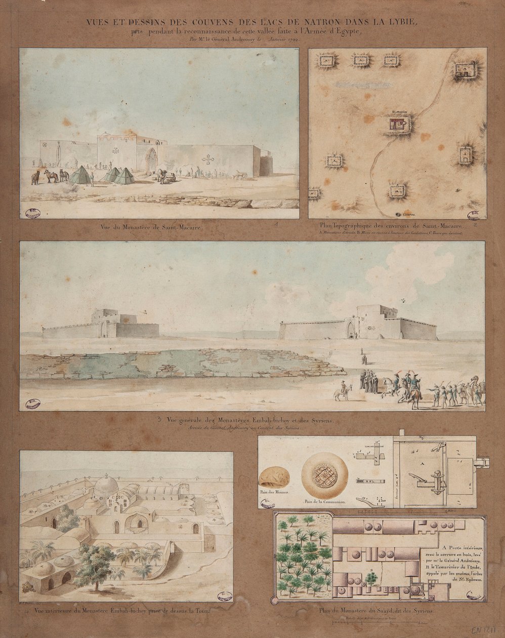 Seks udsigter og tegninger af Lake Natron i Libyen, lavet under den egyptiske hærs rekognosceringsmission ledet af general Andreossy, 1799 (pen, blæk og wc på papir) af Pierre Joseph Redouté
