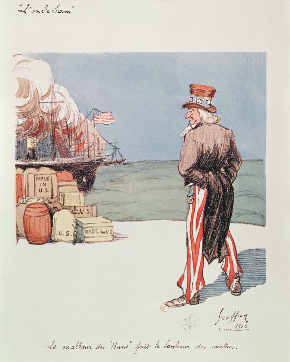 Karikatur af onkel Sam på tidspunktet for 1. verdenskrig, 1915 (farvet litho) af Henri Jules Jean Geoffroy