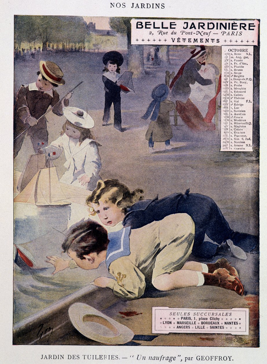Børn, der leger både ved Tuileries Garden af Jean Geoffroy (1853-1924), kalender "" Belle Jardiniere"", serie "" Nos Jardins"", oktober, n.d. v.1900. af Henri Jules Jean Geoffroy
