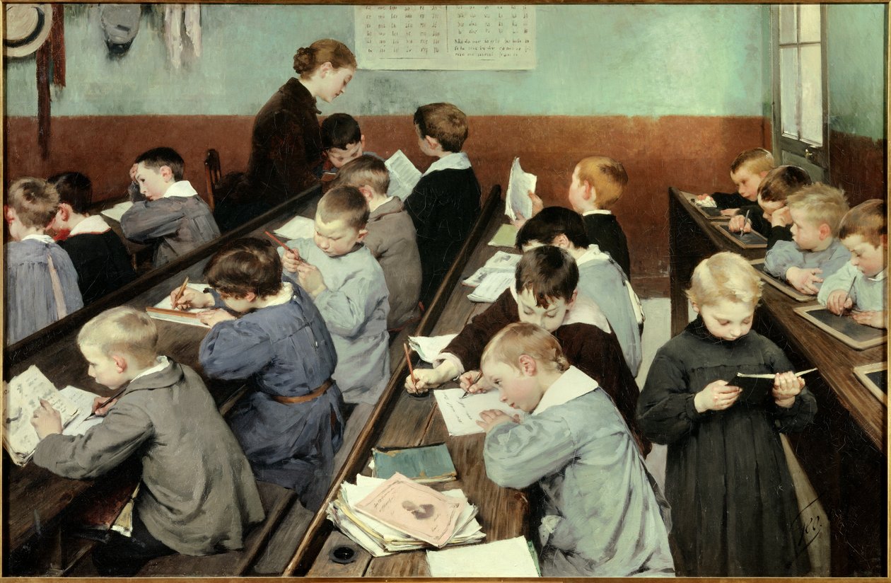 I klassen, de smås arbejde. Unge drenge i skolebluse studerer i et klasseværelse, nogle læser, andre skriver på deres notesbog eller på tavler. Maleri af Jean Henri Jules Dit Geo Geoffroy (1853-1924) af Henri Jules Jean Geoffroy