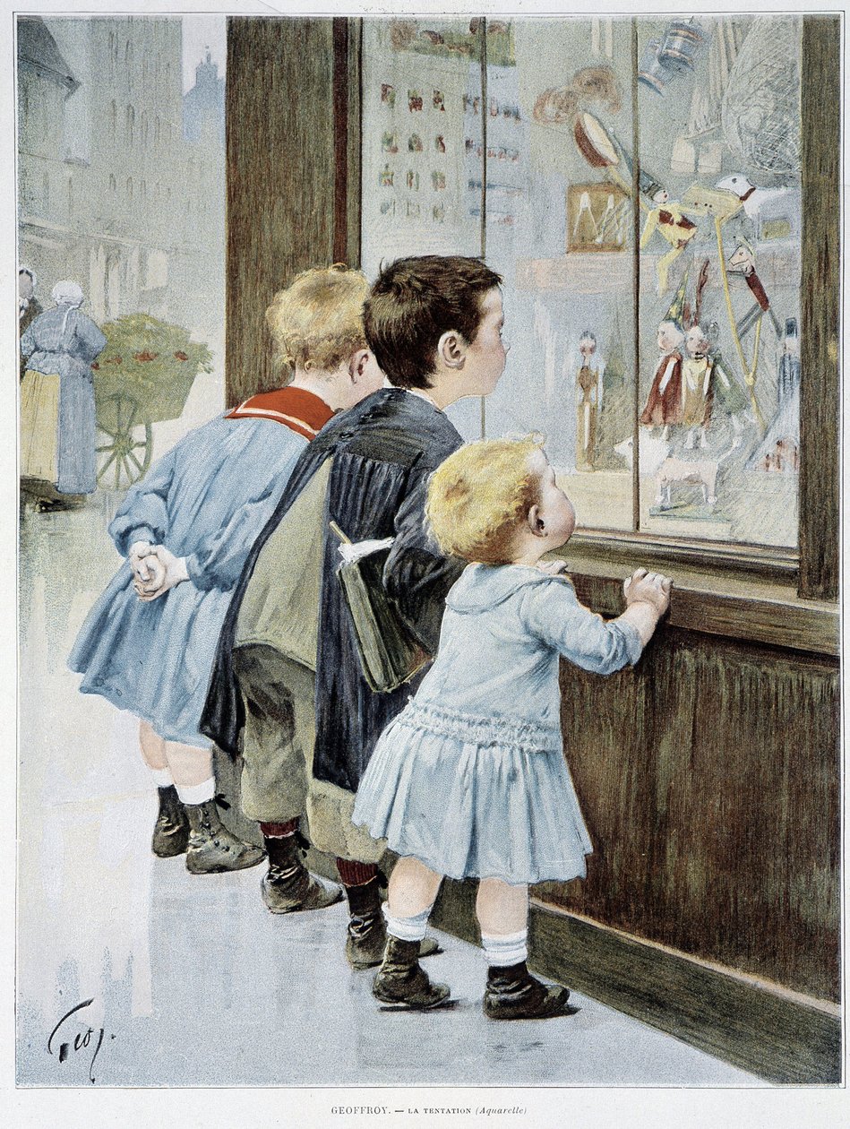 La Temptation: Børn foran et udstillingsvindue ser på legetøj - syg. af Geoffroy, i "" Figaro illustreret""" af Henri Jules Jean Geoffroy