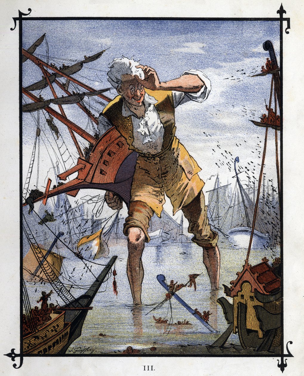Lemuel Gulliver i centrum af et søslag mellem skibene Lilliput og Blefuscu. Illustration til "" Gulliver