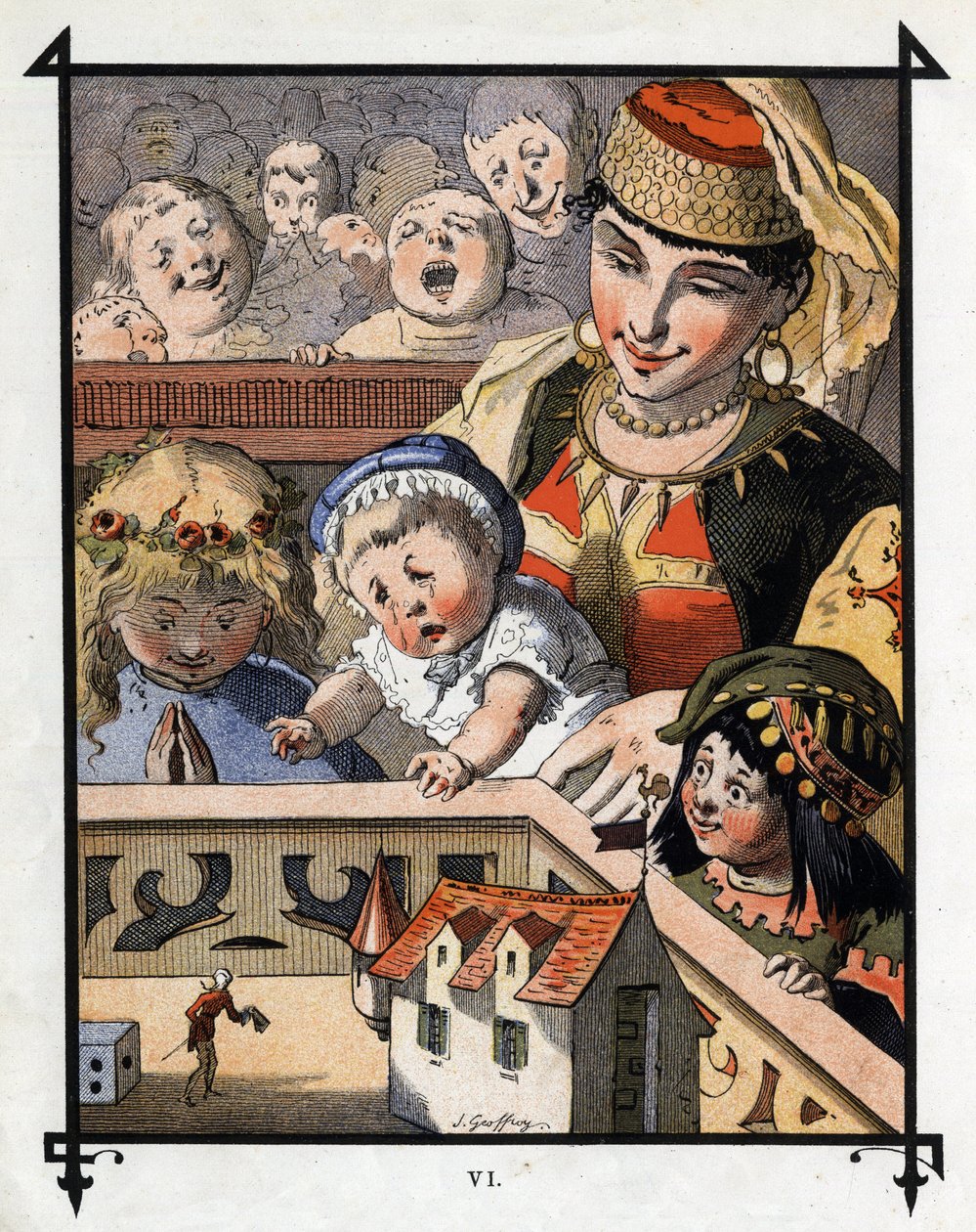 Lemuel Gulliver i giganternes land i Brobdingnag er en kuriositet for børn. Illustration til "" Gulliver