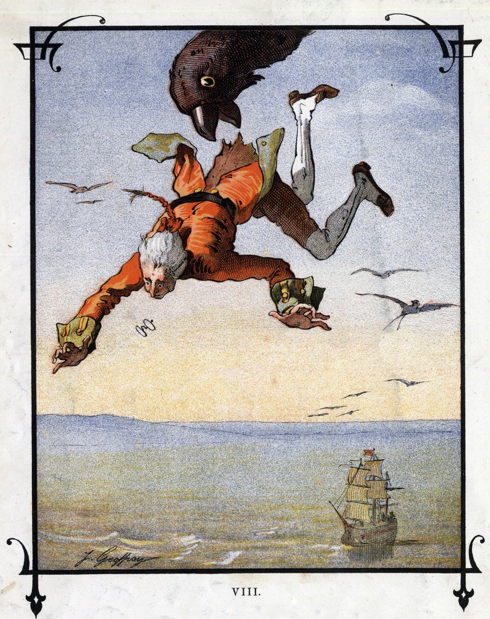 Lemuel Gulliver bliver båret væk af en ørn. Illustration til "" Gulliver