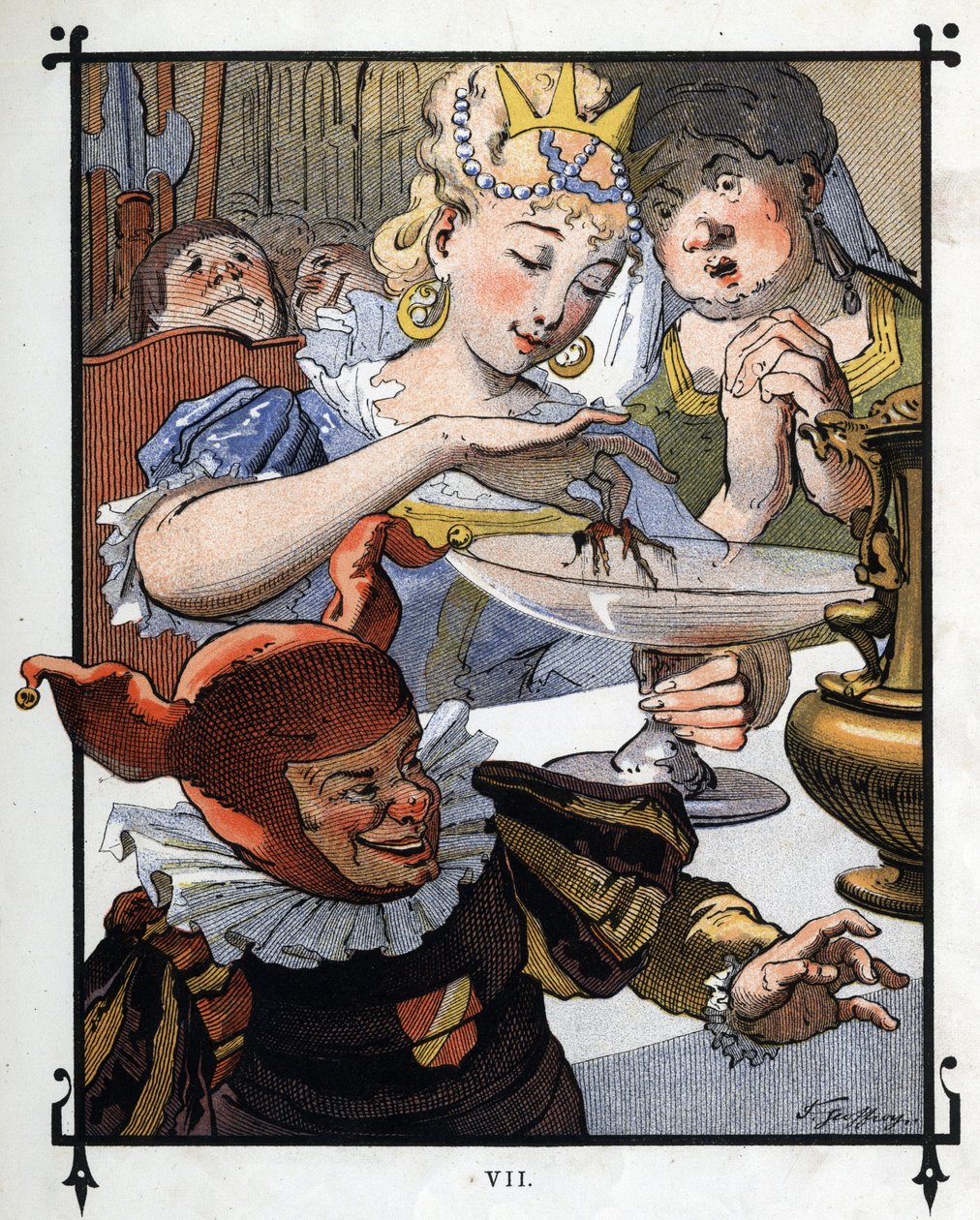 Lemuel Gulliver er ommalet af et fad, hvori han blev faldet af dronningen af Brobdingnag. Illustration til "" Gulliver