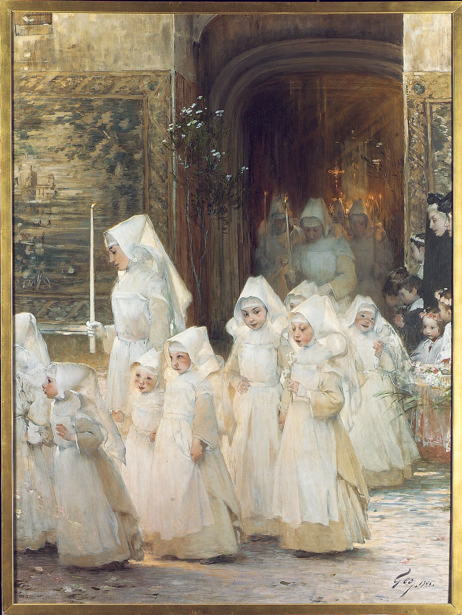Procession af unge piger på konfirmationsdagen, L"hopital de Beaune, 1906 af Henri Jules Jean Geoffroy