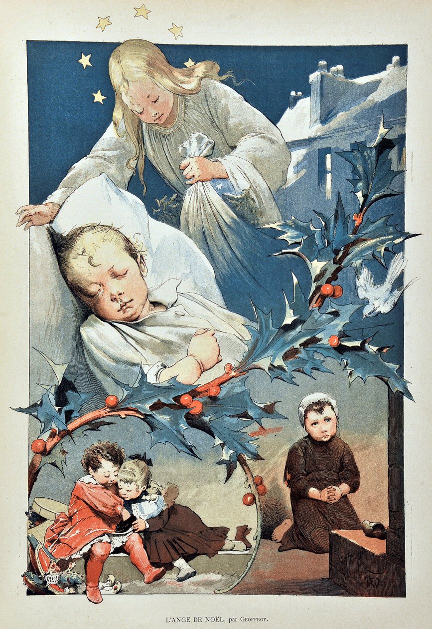 Julens engel. Illustration af Jean GEOFFROY (1853-1924) Indgravering af 1887 i "" Paris-Illustrous journal weekly"". af Henri Jules Jean Geoffroy