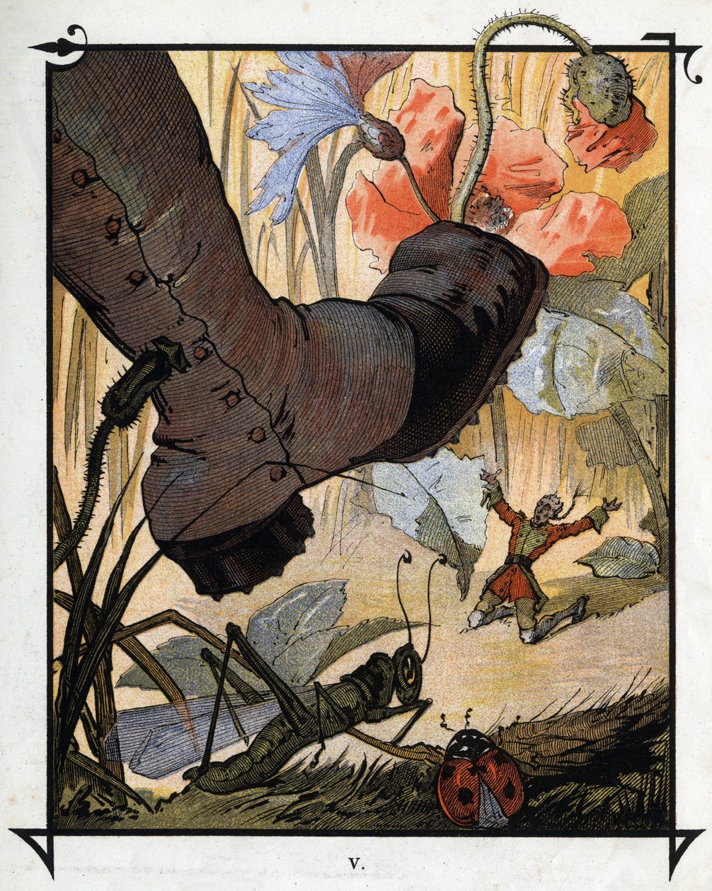 Den gigantiske fod af en beboer i Brobdingnag formår ikke at knuse Lemuel Gulliver i det høje græs. Illustration til "" Gulliver
