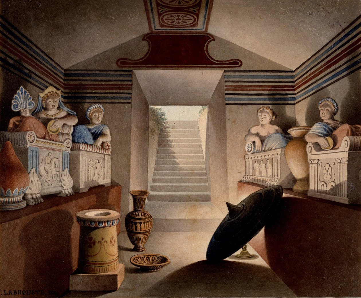 Udsigt over en etruskisk grav, 1849 (wc og grafit på papir) af Henri Labrouste