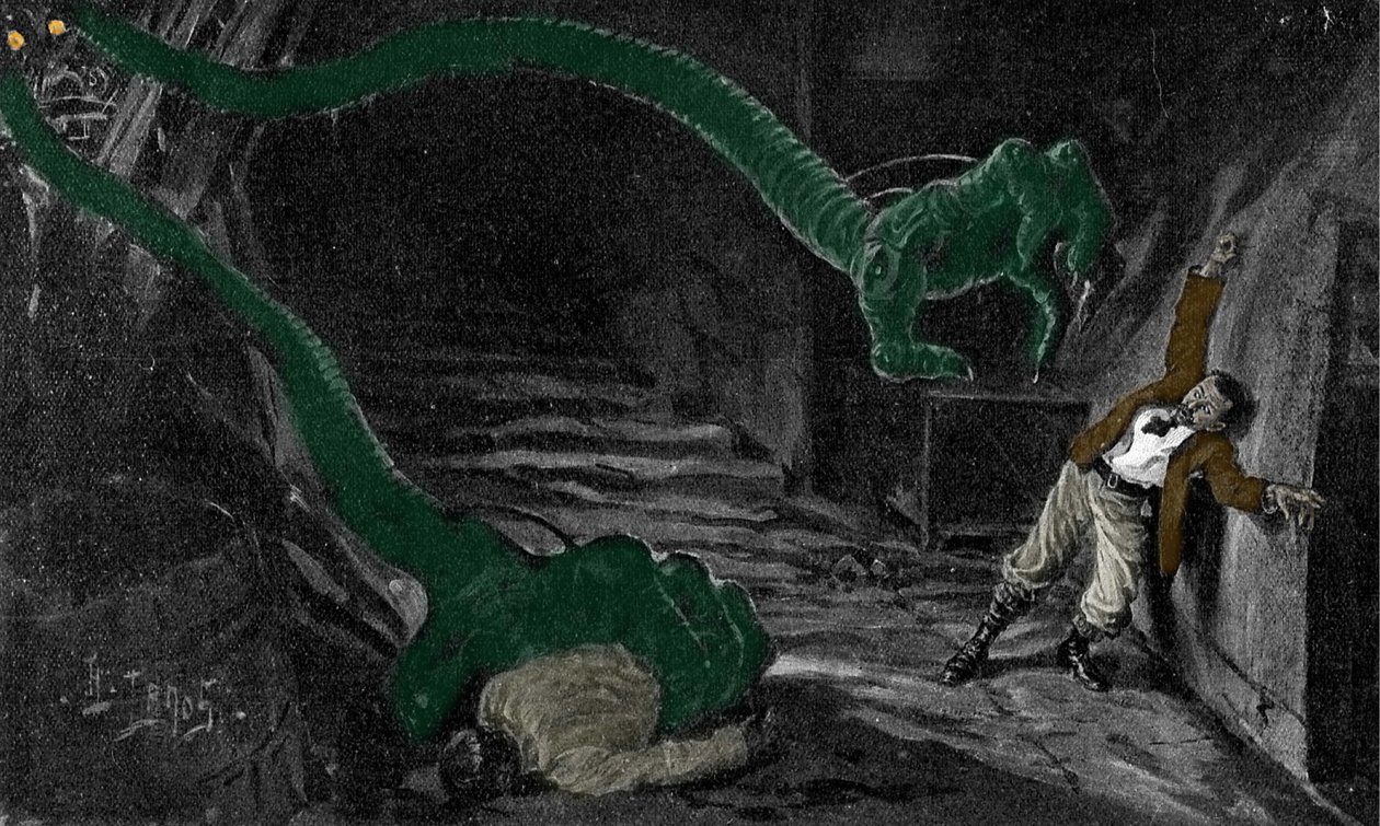 Romanen "The War of the Worlds" af H. G. Wells (Herbert George) (1866-1946). Illustration af H. Lanos. Begyndelsen af århundredet. af Henri Lanos